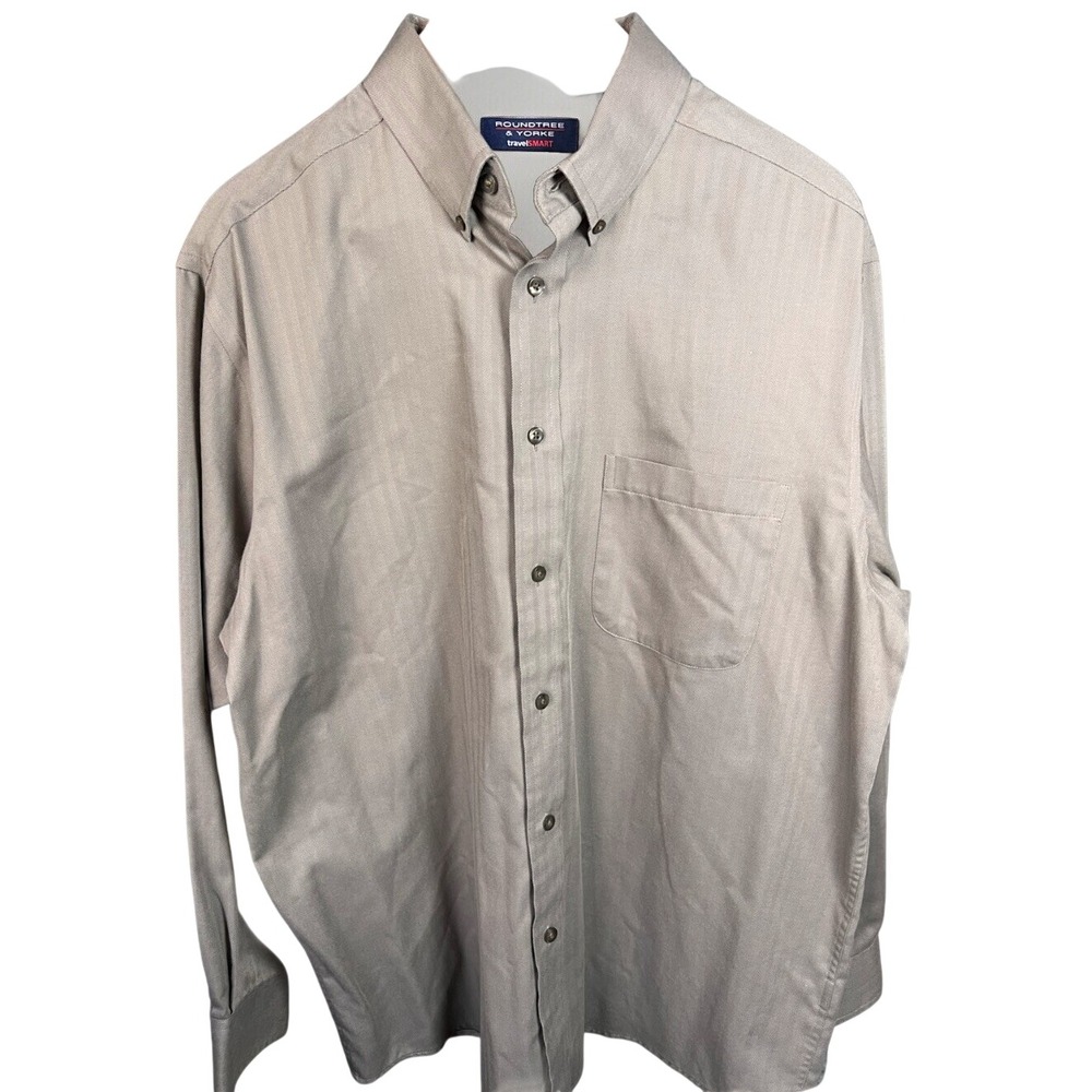Roundtree & Yorke travelSMART Mens Large Herringbone Button Down Shirt Taupe L
